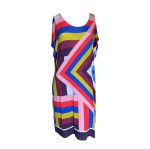 Louis Feraud Shift Dress Multicolor Abstract Flutter Short Sleeve Sheath Women 6